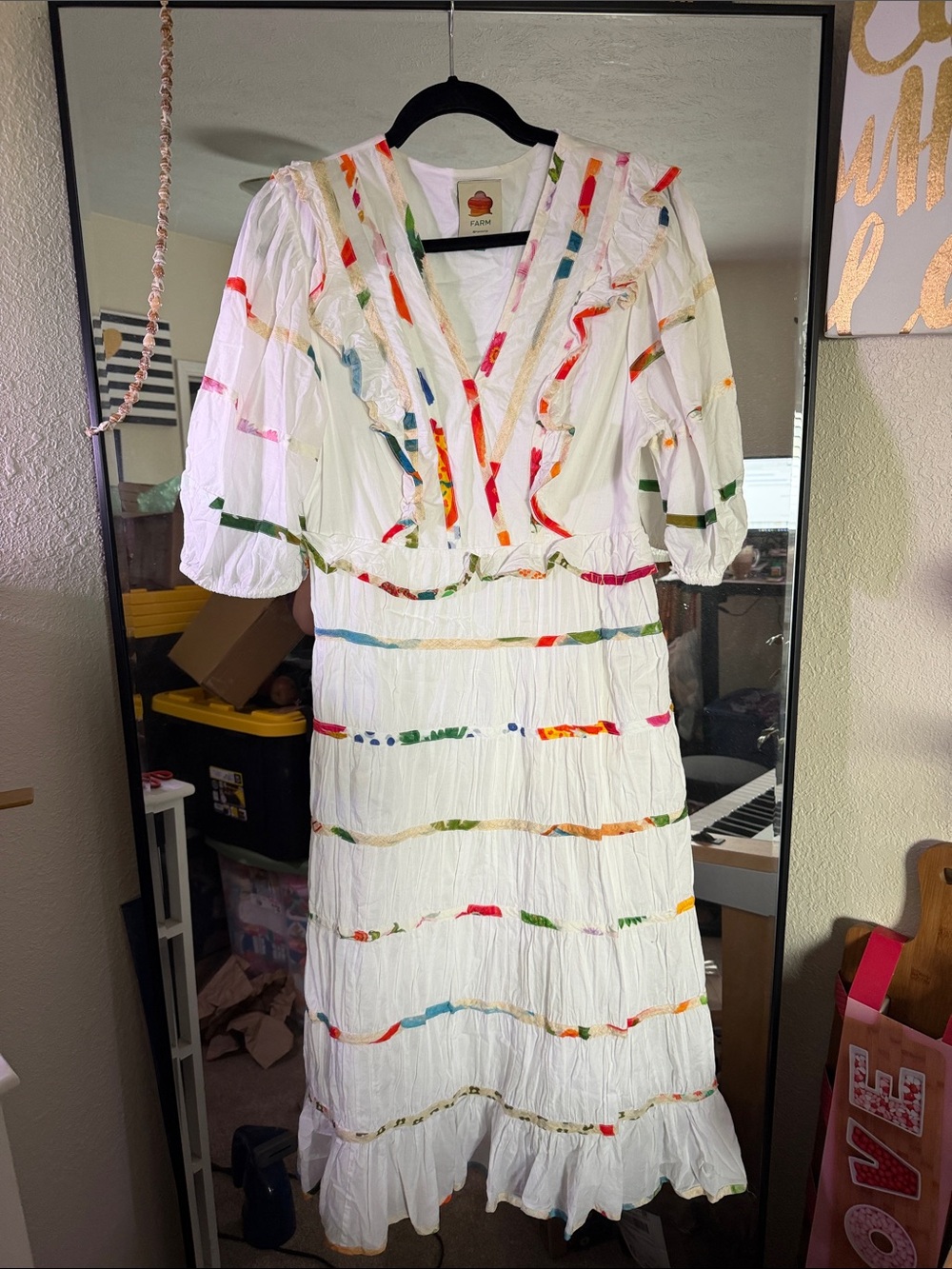 FARM Rio White Tiered Midi Dress with Multicolor Ribbon Accents
